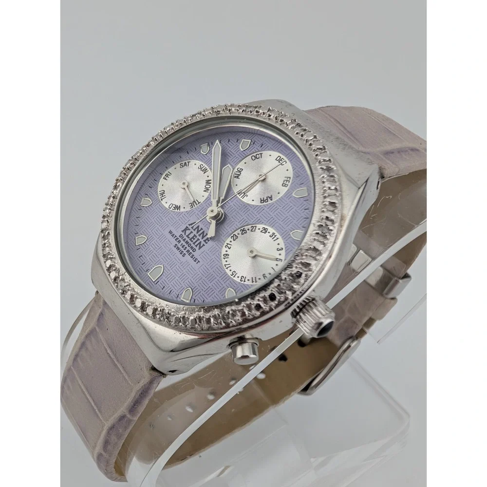 Anne Klein Swiss Diamond Watch Women 32mm Case‎ Purple Leather Band- New Battery